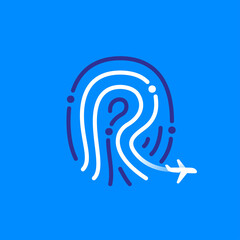 R letter logo made of fingerprint with plane and airplane trail.