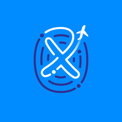 X letter logo made of fingerprint with plane and airplane trail.