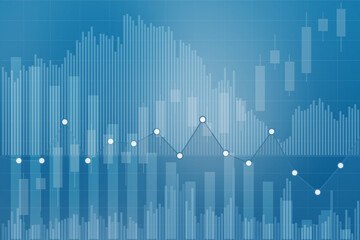 Finance blue background with columns, lines, candlesticks, graphs. Financial market and investment concept