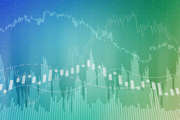 Finance blue and green background with graphs, grid, diagram, line, charts. Financial market and investment concept. 3D render