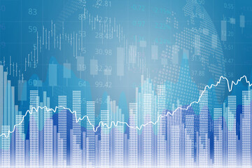 Blue finance background with bars, candlesticks, numbers, columns and graphs. Stock market concept