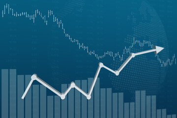 Blue finance background with bars, numbers, arrow, columns and graphs. Stock market concept