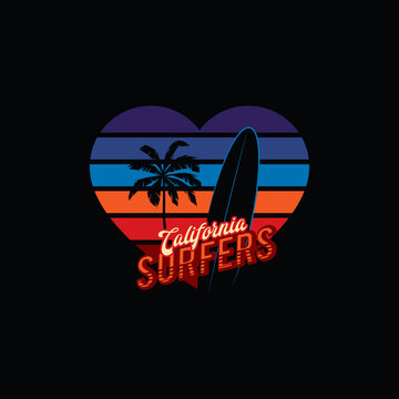 Original vector illustration. Palm trees and surfing on the background of a retro sunset in the shape of a heart in the style of the 80s. T-shirt design, design element.