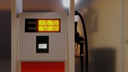 Gas pump display showing high prices in euros for fuel. 3D rendering illustration