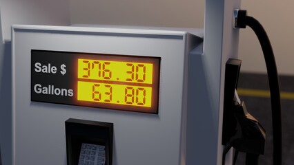 Gas pump display showing high prices in dollars for fuel. 3D rendering illustration