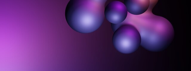 Abstract blue and purple liquid wavy bubble shapes futuristic banner. Glowing retro waves 3d rendering illustration with empty copy paste space