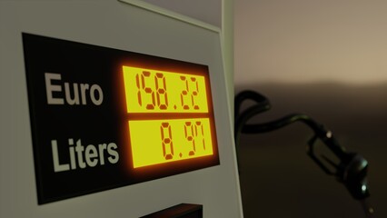 Gas pump display showing high prices in euros for fuel. 3D rendering illustration