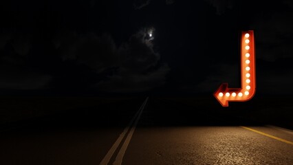 Route 66 highway asphalt road by night with glowing vintage roadsigns. Arrow shaped retro light signs glowing in the night and showing direction. 3d rendering illustration