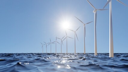 Row of wind turbines on the ocean. Blue clear sky and bright sun over wind turbine park. 3D rendering green energy illustration with empty copy paste space.