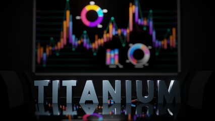 Titanium word on boardroom table and stock market charts on wall tv screen. Fictional 3d render precious metal illustration.