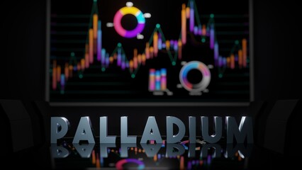 Palladium word on boardroom table and stock market charts on wall tv screen. Fictional 3d render precious metal illustration.