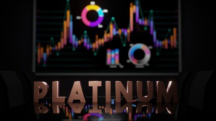 Platinum word on boardroom table and stock market charts on wall tv screen. Fictional 3d render precious metal illustration.
