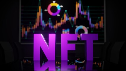 NFT word on boardroom table and stock market charts on wall tv screen. Fictional 3d render non fungible token concept illustration.