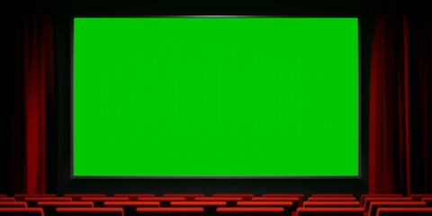Movie theater with green screen and red velvet curtains and bench. 3D render inside cinema illustration