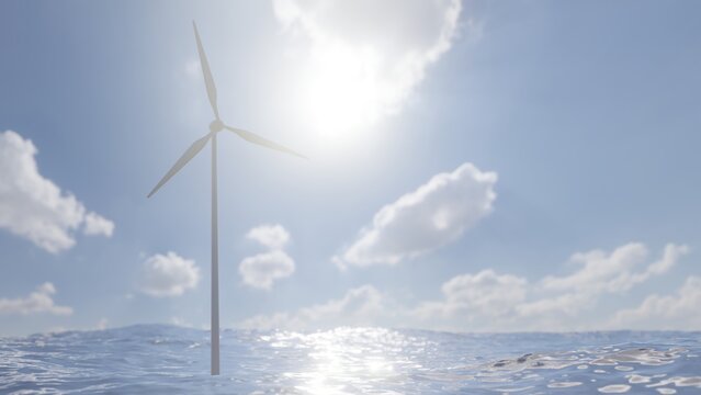 Wind turbine on the ocean with bright sun and white clouds. 3D rendering renewable energy illustration.