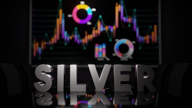 Silver word on boardroom table and stock market charts on wall tv screen. Fictional 3d render precious metal illustration.