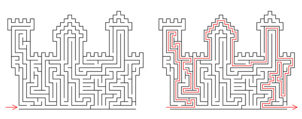 Brick castle labyrinth. Maze inside fortress with towers. Medium difficulty vector puzzle with entry and exit. Riddle with solution - red passing route. Logic game for kids of age from 2 to 10 years © vellot