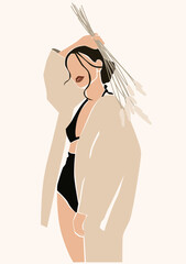 Abstract Woman Portrait with Flowers. Boho Summer Poster.  