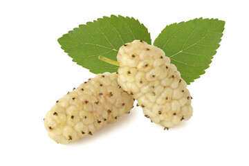White mulberries with leaves isolated on white