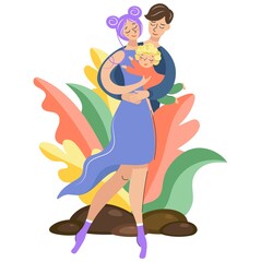 Happy prosperous family in flowers, mother, son, daughter hugging. Father, mother and baby embrace warmly and lovingly, the concept of a happy family full of love. Isolated flat vector illustration.