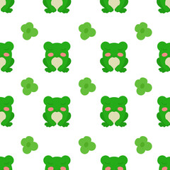 Concept of cute frog pattern. Repeating joyful frogs and green flowers. White background. Vector illustration. Design element