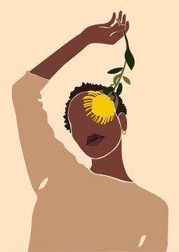 Afro woman with short hair and flowers in her hair. Abstract trendy portrait.