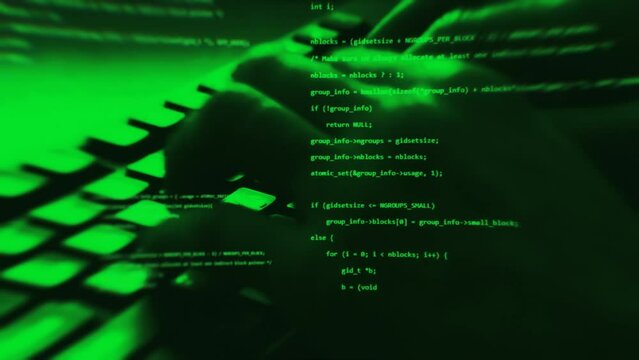 System engineer computer programming, closeup keyboard typing with cyber code appearing on screen