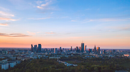 Summer cityscape of Warsaw, Poland: evening city wide panorama