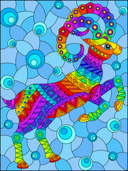 Stained glass illustration with abstract bright ram, animal on a blue background, rectangular image