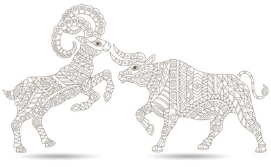 Stained glass illustration with abstract bull and ram, animals isolated on a white background