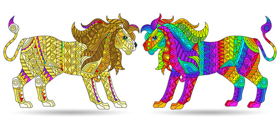 A set of illustrations in the style of stained glass with abstract lions, animals isolated on a white background