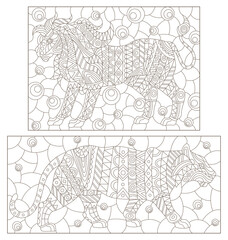 A set of contour illustrations in the style of stained glass with abstract lion and tiger, dark contours on a white background
