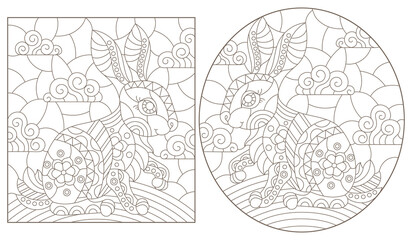 A set of contour illustrations in the style of stained glass with cute rabbits, dark contours on a white background