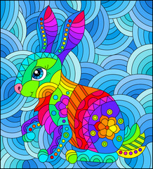 Fototapeta premium Stained glass illustration with a cute rabbit on a background of blue waves, rectangular image
