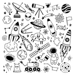 Vector set of doodle space illustrations. Hand drawn outline desigh. Collection of cosmic elements. 