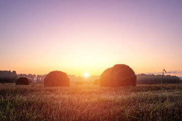 Hay-roll on meadow against sunset background.