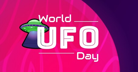 Illustrative image of world ufo day text with ufo on pink and violet background, copy space - Powered by Adobe