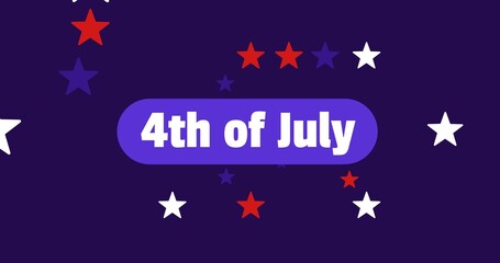 Illustration of 4th of july text with blue, white and red star shapes on blue background, copy space