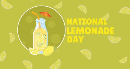 Illustration of national lemonade day text with lemonade bottle and lemon on yellow background - obrazy, fototapety, plakaty