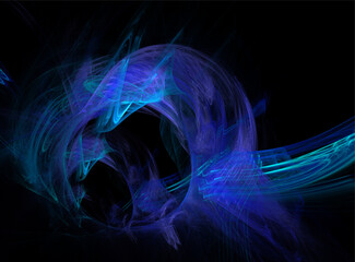 space illustration of a fantasy planet on a black background, fractal, design, art, blue field effect