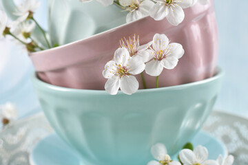 closeup of pastel color bowls and spring blossoms