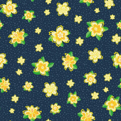 Vector daffodil flowers seamless pattern background. Bright yellow blue mix of narcissus flower heads backdrop. Hand drawn design on dot texture. Blue yellow spring floral botanical nature repeat