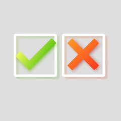 Green check mark icon and red cross mark. checklist signs, approval badge, vector illustration