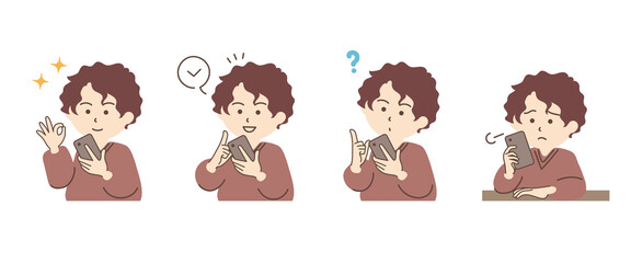 スマホを持つ男性のシンプルなイラストセット_B03【ゆるやかなパーマヘア】