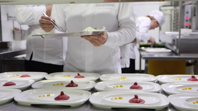 The cook is serving many same meat dishes at restaurant or hotel kitchen, 4k video