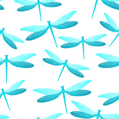 Fototapeta na wymiar Dragonfly girlish seamless pattern. Summer dress textile print with darning-needle insects. Garden