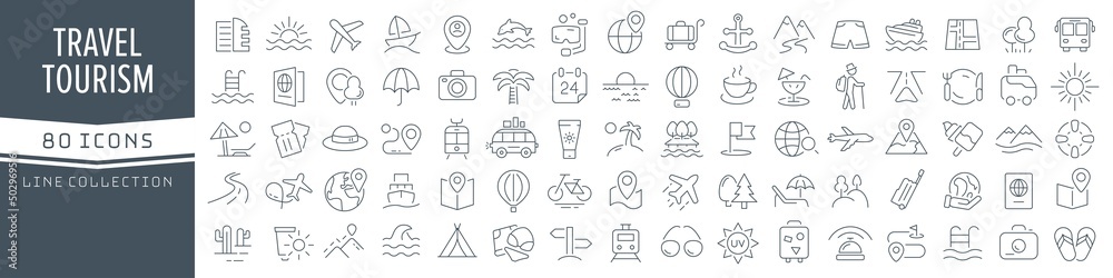 Poster Travel and tourism line icons collection. Big UI icon set in a flat design. Thin outline icons pack. Vector illustration EPS10