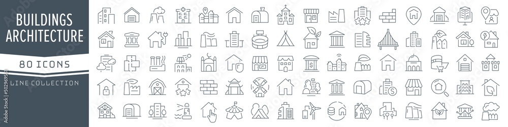 Poster Buildings and architecture line icons collection. Big UI icon set in a flat design. Thin outline icons pack. Vector illustration EPS10