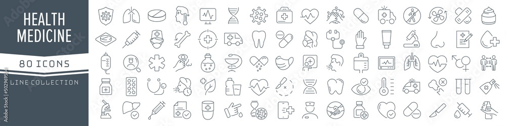 Poster health and medicine line icons collection. big ui icon set in a flat design. thin outline icons pack