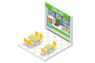 Isometric Fast Food Court Salad Bar, Fast Food Salad Bar, Restaurant Interior, Food Court, Cafeteria, Market Place Mall Food Stall, Kiosk